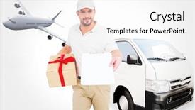  Presentation with graphic - Cool new PPT layouts with delivery man giving clipboard for signature against graphic airplane backdrop and a white colored foreground