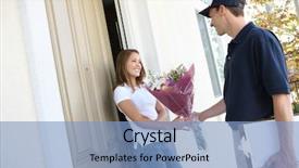  Presentation with giving - Theme with work anniversary young female - delivery man giving flowers background and a light blue colored foreground