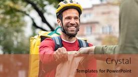  Presentation with food order - Audience pleasing PPT theme consisting of delivery-man-giving-package backdrop and a red colored foreground