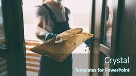  Presentation with home - PPT theme consisting of delivery-man-handing-the-parcel background and a tawny brown colored foreground