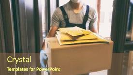  Presentation with home - PPT theme featuring delivery-man-handing-the-parcels background and a coral colored foreground