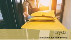  Presentation with home - Cool new PPT layouts with delivery-man-handing-the-parcels backdrop and a yellow colored foreground
