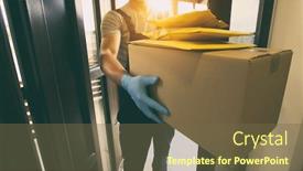  Presentation with home - PPT theme featuring delivery-man-handing-the-parcels background and a tawny brown colored foreground