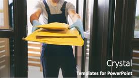  Presentation with home - Slide deck featuring delivery-man-handing-the-parcels background and a dark gray colored foreground