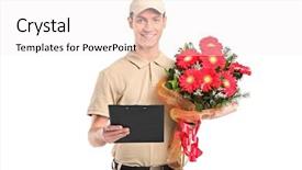  Presentation with delivery boy - Presentation theme having delivery man holding a beautiful background and a white colored foreground