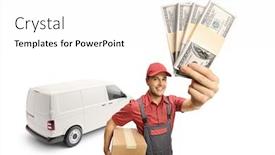  Presentation with delivery van - Amazing slide deck having delivery-man-holding-a-cardboard backdrop and a white colored foreground