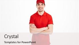 Presentation with gold man smile - Amazing presentation theme having delivery man in red cap backdrop and a sky blue colored foreground