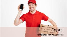  Presentation with man holding phone - PPT theme consisting of delivery man in red t- background and a lemonade colored foreground