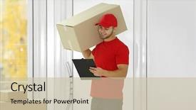  Presentation with logistics fleet of delivery vehicles - Beautiful slides featuring delivery man in red uniform backdrop and a soft green colored foreground