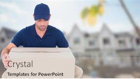  Presentation with housing - PPT layouts having bulldozer tree - delivery man picking up box background and a soft green colored foreground