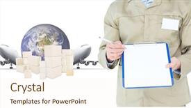  Presentation with logistics - Cool new slides with delivery man showing blank paper backdrop and a  colored foreground