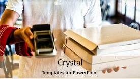  Presentation with pizza delivery - Beautiful slides featuring delivery man showing credit card backdrop and a coral colored foreground