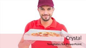  Presentation with pizza delivery - PPT layouts enhanced with delivery man showing fresh pizza on white background background and a coral colored foreground