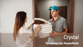  Presentation with pizza delivery - Colorful slides enhanced with delivery man shows pizza backdrop and a  colored foreground