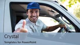  Presentation with delivery van - Colorful presentation design enhanced with delivery man sitting in his backdrop and a light blue colored foreground