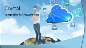  Presentation with sky blue - Presentation design consisting of delivery man standing arms cross background and a light blue colored foreground