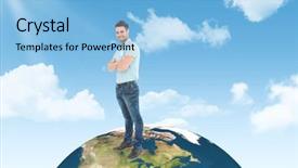  Presentation with blue sky - Slide deck featuring delivery man standing arms cross background and a  colored foreground