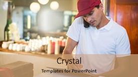  Presentation with pizza delivery - PPT theme enhanced with baseball cap - pizza delivery man taking background and a coral colored foreground