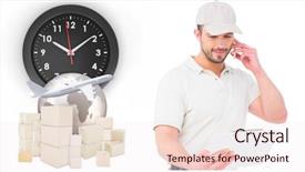  Presentation with phone - Presentation theme having delivery man talking on mobile background and a lemonade colored foreground