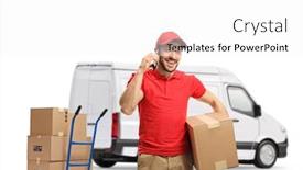  Presentation with delivery van - PPT theme having delivery-man-talking background and a white colored foreground