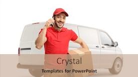 Presentation with delivery van - Presentation design with delivery-man-talking background and a coral colored foreground