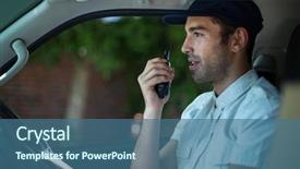  Presentation with delivery van - Cool new PPT layouts with delivery man using walkie-talkie while sitting in van backdrop and a ocean colored foreground
