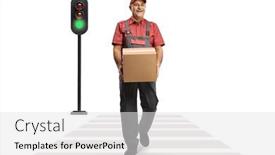  Presentation with pedestrian - Presentation theme consisting of delivery-man-walking-and-carrying and a white colored foreground