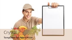  Presentation with bag - Beautiful PPT theme featuring delivery man with a bag of groceries and a clipboard isolated on white background backdrop and a yellow colored foreground