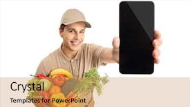  Presentation with express delivery - Cool new slide set with delivery man with a bag backdrop and a yellow colored foreground