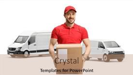  Presentation with delivery van - Presentation design with delivery-man-with-a-transport background and a coral colored foreground