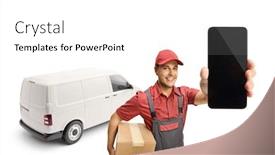  Presentation with delivery van - Beautiful PPT layouts featuring delivery-man-with-a-van backdrop and a white colored foreground
