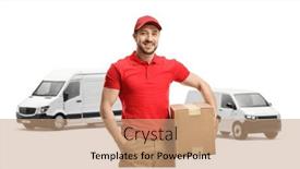  Presentation with delivery van - PPT layouts having delivery-man-with-a-van background and a coral colored foreground