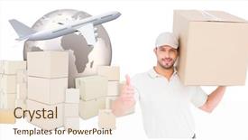  Presentation with logistics - Colorful PPT theme enhanced with delivery man with cardboard box backdrop and a  colored foreground