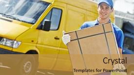  Presentation with express delivery - Beautiful PPT theme featuring delivery man with package outdoors backdrop and a gold colored foreground