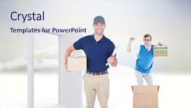  Presentation with man door - Amazing theme having delivery man with package and clipboard on white background against open door in sky backdrop and a sky blue colored foreground