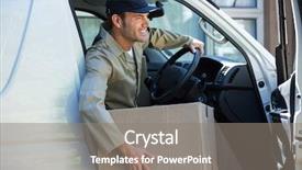  Presentation with delivery van - Slide deck enhanced with delivery man with parcel getting out from van background and a gray colored foreground