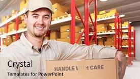  Presentation with labor delivery - Amazing PPT theme having delivery man with parcel backdrop and a lemonade colored foreground