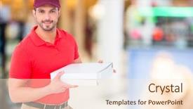  Presentation with pizza delivery - PPT layouts with delivery man with pizza box background and a  colored foreground