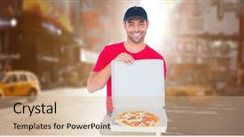  Presentation with pizza delivery - Slide set enhanced with delivery man with pizza background and a lemonade colored foreground