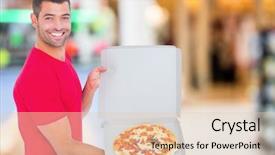  Presentation with pizza delivery - PPT theme having delivery man with pizza background and a lemonade colored foreground