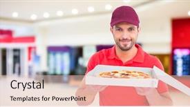  Presentation with pizza delivery - Beautiful PPT layouts featuring delivery man with pizza backdrop and a  colored foreground