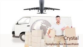  Presentation with logistics - Presentation design having delivery man with trolley background and a  colored foreground