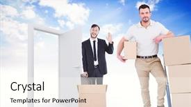  Presentation with man door - Slides having delivery man with trolley of boxes against open door in sky background and a cream colored foreground