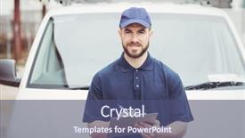  Presentation with delivery van - Slide set featuring delivery man writing on clipboard in front of his van background and a ocean colored foreground