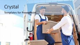  Presentation with moving - PPT layouts having delivery men unloading moving boxes background and a  colored foreground