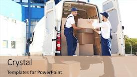  Presentation with moving - Presentation consisting of delivery men unloading moving boxes background and a coral colored foreground