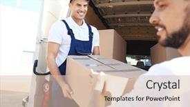  Presentation with moving - Beautiful PPT theme featuring relocation company - delivery men unloading moving boxes backdrop and a lemonade colored foreground