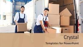  Presentation with moving and drving car - Colorful presentation design enhanced with delivery men unloading moving boxes backdrop and a coral colored foreground
