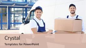  Presentation with boxes - Presentation theme with delivery men with moving boxes background and a lemonade colored foreground