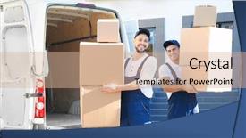  Presentation with moving - Presentation theme consisting of relocation company - delivery men with moving boxes background and a coral colored foreground